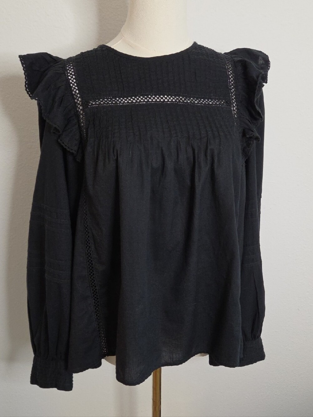 Madewell Black Ruffle-Yoke Long Sleeve Blouse